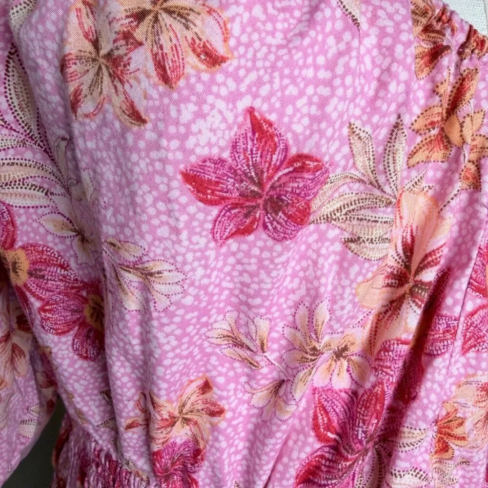 Floral Peplum Blouse Pink Puff Sleeve Cottagecore Boho Soft Modal Large by LOFT
